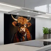 KitchenYeah Spatscherm 90x70 cm - Zelfklevende achterwand Schotse hooglander - Bril - Sjaal - Dier - Keuken muurbeschermer - Spatwand fornuis