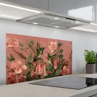 KitchenYeah Spatscherm 100x50 cm - Zelfklevende achterwand Kolibries - Bloemen - Groen - Roze - Keuken muurbeschermer - Spatwand fornuis