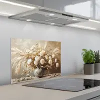 KitchenYeah Spatscherm 60x45 cm - Zelfklevende achterwand Bloemen - Vaas - Stilleven - Beige - Keuken muurbeschermer - Spatwand fornuis