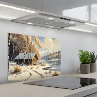 KitchenYeah Spatscherm 70x55 cm - Zelfklevende achterwand Winter - Sneeuw - Huis - Natuur - Keuken muurbeschermer - Spatwand fornuis