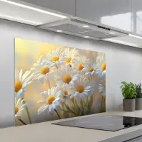 KitchenYeah Spatscherm 100x65 cm - Zelfklevende achterwand Madeliefjes - Wit - Zonlicht - Keuken muurbeschermer - Spatwand fornuis