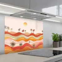KitchenYeah Spatscherm 80x60 cm - Zelfklevende achterwand Abstract landschap - Palmbomen - Kleurrijk - Keuken muurbeschermer - Spatwand fornuis
