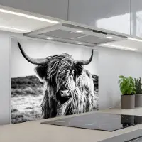 KitchenYeah Spatscherm 80x60 cm - Zelfklevende achterwand Schotse hooglander - Natuur - Koe - Zwart - Wit - Keuken muurbeschermer - Spatwand fornuis