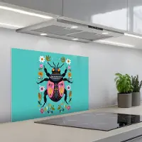 KitchenYeah Spatscherm 70x50 cm - Zelfklevende achterwand Kever - Bloemmotieven - Turquoise - Bladeren - Keuken muurbeschermer - Spatwand fornuis
