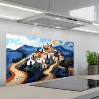 KitchenYeah Spatscherm 100x50 cm - Zelfklevende achterwand Dorp - Heuvelachtig - Zon - Mozaïek - Keuken muurbeschermer - Spatwand fornuis