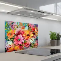 KitchenYeah Spatscherm 70x50 cm - Zelfklevende achterwand Bloemen - Kleurrijk - Kunst - Olieverf - Keuken muurbeschermer - Spatwand fornuis
