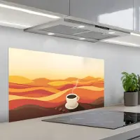 KitchenYeah Spatscherm 100x50 cm - Zelfklevende achterwand Koffie - Landschap - Oranje - Koffiebonen - Keuken muurbeschermer - Spatwand fornuis