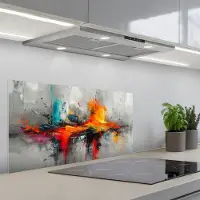 KitchenYeah Spatscherm 90x45 cm - Zelfklevende achterwand Modern - Oranje - Grijs - Kunst - Keuken muurbeschermer - Spatwand fornuis