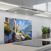 KitchenYeah Spatscherm 70x50 cm - Zelfklevende achterwand Trap - Huizen - Berglandschap - Zee - Keuken muurbeschermer - Spatwand fornuis