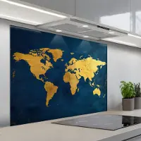 KitchenYeah Spatscherm 100x75 cm - Zelfklevende achterwand Wereldkaart - Goud - Donkerblauw - Keuken muurbeschermer - Spatwand fornuis