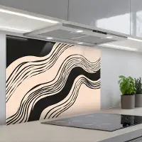 KitchenYeah Spatscherm 90x60 cm - Zelfklevende achterwand Golven - Zwart - Zandkleur - Keuken muurbeschermer - Spatwand fornuis