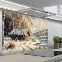 KitchenYeah Spatscherm 120x80 cm - Zelfklevende achterwand Winter - Sneeuw - Huis - Natuur - Keuken muurbeschermer - Spatwand fornuis