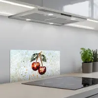 KitchenYeah Spatscherm 60x30 cm - Zelfklevende achterwand Kersen - Rood - Mozaïek - Blaadjes - Keuken muurbeschermer - Spatwand fornuis