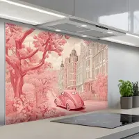 KitchenYeah Spatscherm 120x80 cm - Zelfklevende achterwand City - Car - Pink - Keuken muurbeschermer - Spatwand fornuis