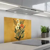 KitchenYeah Spatscherm 70x55 cm - Zelfklevende achterwand Bladeren - Boeket - Bloemen - Geel - Keuken muurbeschermer - Spatwand fornuis