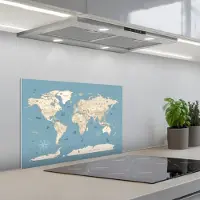 KitchenYeah Spatscherm 60x40 cm - Zelfklevende achterwand Wereldkaart - Oceaan - Realistisch - Blauw - Keuken muurbeschermer - Spatwand fornuis