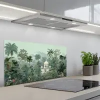 KitchenYeah Spatscherm 80x40 cm - Zelfklevende achterwand Tropische tuin - Koepelgebouw - Bloemen - Keuken muurbeschermer - Spatwand fornuis