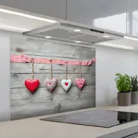 KitchenYeah Spatscherm 90x70 cm - Zelfklevende achterwand Hart - Rood - Roze - Hout - Liefde - Keuken muurbeschermer - Spatwand fornuis