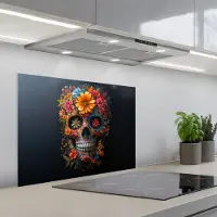 KitchenYeah Spatscherm 70x55 cm - Zelfklevende achterwand Bloemen - Kleurrijk - Schedel - Keuken muurbeschermer - Spatwand fornuis