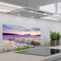 KitchenYeah Spatscherm 80x40 cm - Zelfklevende achterwand Lavendel - Bloemen - Zonsondergang - Paars - Weide - Keuken muurbeschermer - Spatwand fornuis