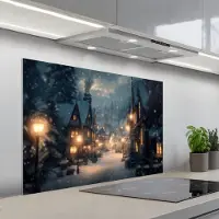 KitchenYeah Spatscherm 100x65 cm - Zelfklevende achterwand Winterdorp - Sneeuw - Donker - Keuken muurbeschermer - Spatwand fornuis