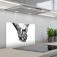 KitchenYeah Spatscherm 60x40 cm - Zelfklevende achterwand Handen - Zwart wit - Modern - Kunst - Keuken muurbeschermer - Spatwand fornuis
