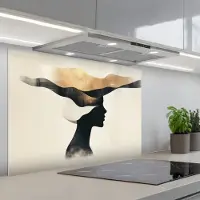 KitchenYeah Spatscherm 80x55 cm - Zelfklevende achterwand Vrouw - Golven - Zwart - Keuken muurbeschermer - Spatwand fornuis