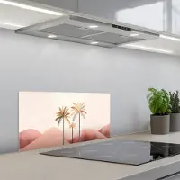 KitchenYeah Spatscherm 70x30 cm - Zelfklevende achterwand Palmbomen - Heuvels - Minimalistisch - Zachtroze - Keuken muurbeschermer - Spatwand fornuis