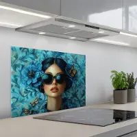 KitchenYeah Spatscherm 70x50 cm - Zelfklevende achterwand Vrouw - Bloemen - Vlinders - Blauw - Abstract - Keuken muurbeschermer - Spatwand fornuis