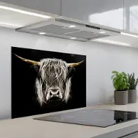 KitchenYeah Spatscherm 70x55 cm - Zelfklevende achterwand Schotse hooglander - Goud - Hoorns - Zwart wit - Koe - Dieren - Keuken muurbeschermer - Spatwand fornuis