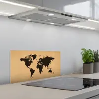 KitchenYeah Spatscherm 70x30 cm - Zelfklevende achterwand Wereldkaart - Raster -Zwart - Keuken muurbeschermer - Spatwand fornuis
