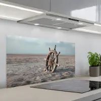 KitchenYeah Spatscherm 100x50 cm - Zelfklevende achterwand Scheepsstuur - Hout - Bruin - Zand - Keuken muurbeschermer - Spatwand fornuis