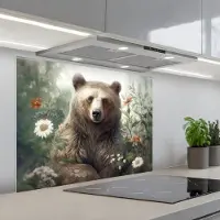 KitchenYeah Spatscherm 90x70 cm - Zelfklevende achterwand Bruine beer - Wilde dieren - Bloemen - Planten - Keuken muurbeschermer - Spatwand fornuis
