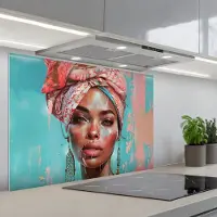 KitchenYeah Spatscherm 90x60 cm - Zelfklevende achterwand Vrouw - Portret - Blauw - Roze - Modern - Keuken muurbeschermer - Spatwand fornuis