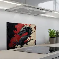 KitchenYeah Spatscherm 60x45 cm - Zelfklevende achterwand Zwarte draak - Rookwolken - Rood - Keuken muurbeschermer - Spatwand fornuis