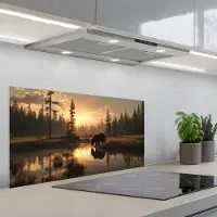 KitchenYeah Spatscherm 90x45 cm - Zelfklevende achterwand Beer - water - Bos - Ochtendlicht - Keuken muurbeschermer - Spatwand fornuis