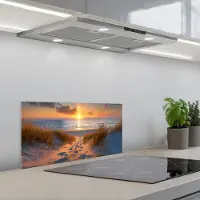 KitchenYeah Spatscherm 70x30 cm - Zelfklevende achterwand Zonsondergang - Duinen - Strand - Zee - Keuken muurbeschermer - Spatwand fornuis