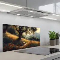 KitchenYeah Spatscherm 80x40 cm - Zelfklevende achterwand Bankje - Boom - Klaprozen - Heuvels - Keuken muurbeschermer - Spatwand fornuis