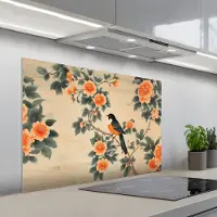 KitchenYeah Spatscherm 100x65 cm - Zelfklevende achterwand Vogel - Tak - Bloemen - Oranje - Keuken muurbeschermer - Spatwand fornuis