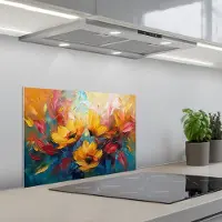 KitchenYeah Spatscherm 60x40 cm - Zelfklevende achterwand Bloemen - Zonnebloemen - Kunst - Geel - Keuken muurbeschermer - Spatwand fornuis