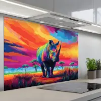 KitchenYeah Spatscherm 120x80 cm - Zelfklevende achterwand Neushoorn - Zonsondergang - Savanna - Kleurrijk - Keuken muurbeschermer - Spatwand fornuis