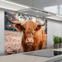 KitchenYeah Spatscherm 100x75 cm - Zelfklevende achterwand Koe- Schotse hooglander - Hoorns - Bruin - Landschap - Keuken muurbeschermer - Spatwand fornuis