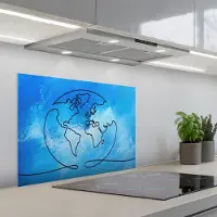 KitchenYeah Spatscherm 70x55 cm - Zelfklevende achterwand Wereldbol - Blauw - Lijn - Wereldkaart - Keuken muurbeschermer - Spatwand fornuis
