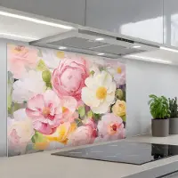 KitchenYeah Spatscherm 80x55 cm - Zelfklevende achterwand Bloemen - Roze - Botanisch - Kunst - Acrylverf - Keuken muurbeschermer - Spatwand fornuis