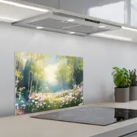 KitchenYeah Spatscherm 60x45 cm - Zelfklevende achterwand Bos - Schilderstijl - Kleurrijk - Keuken muurbeschermer - Spatwand fornuis