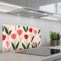 KitchenYeah Spatscherm 90x45 cm - Zelfklevende achterwand Tulpen - Modern - Roze - Keuken muurbeschermer - Spatwand fornuis