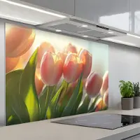 KitchenYeah Spatscherm 120x80 cm - Zelfklevende achterwand Tulpen - Roze - Zonnestralen - Keuken muurbeschermer - Spatwand fornuis