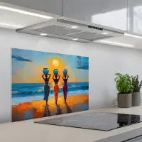 KitchenYeah Spatscherm 70x50 cm - Zelfklevende achterwand Vrouwen - Strand - Zondsondergang - Keuken muurbeschermer - Spatwand fornuis