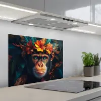 KitchenYeah Spatscherm 70x50 cm - Zelfklevende achterwand Chimpansee - Aap - Jungle - Bloemen - Dier - Keuken muurbeschermer - Spatwand fornuis