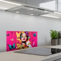 KitchenYeah Spatscherm 60x30 cm - Zelfklevende achterwand Vrouw - Abstract - Kleurrijk - Keuken muurbeschermer - Spatwand fornuis